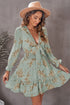 Lantern Sleeve Deep V Neck Knotted Tiered Mini Dress